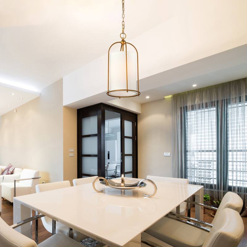 Antique Brass Finish 1-Light 10 in. Cage Pendant with White Fabric Shade