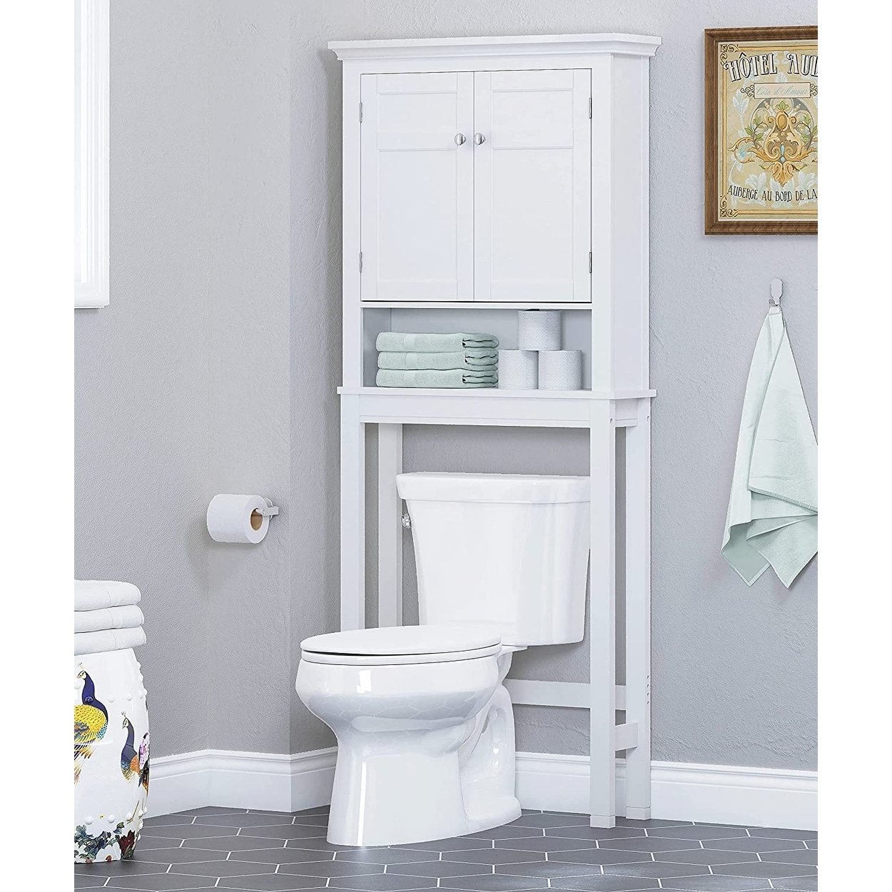 Tall Bathroom Toilet Storage Rack Cabinet Shelf Organizer Paper Holder White US 