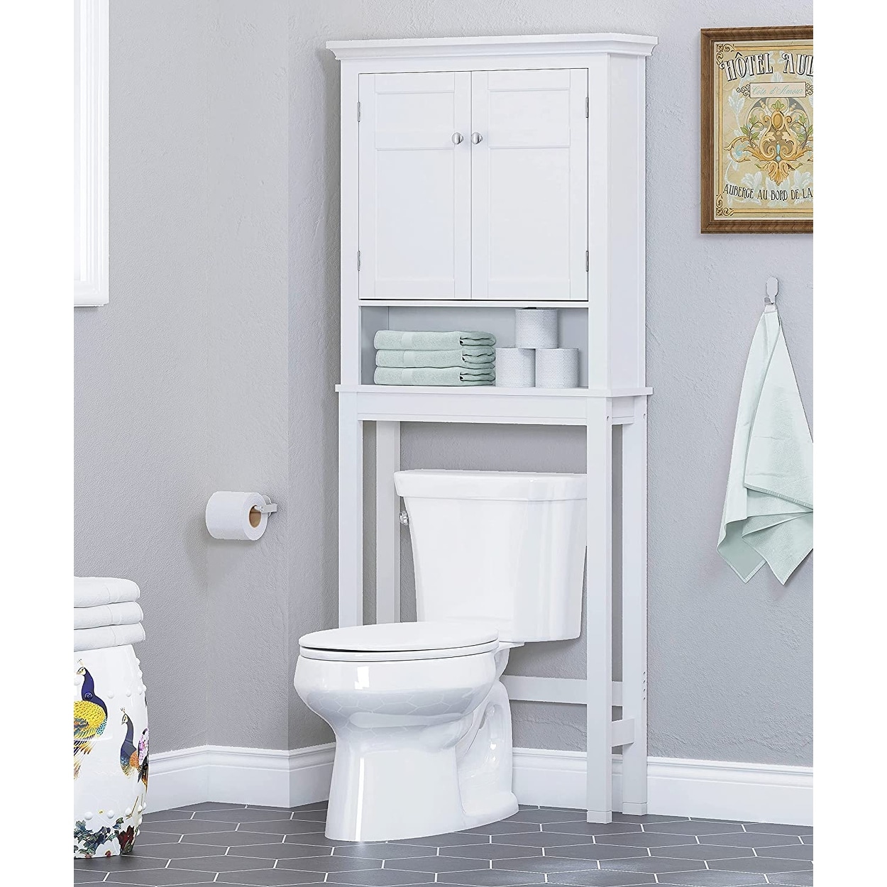 White bathroom top shelf unit