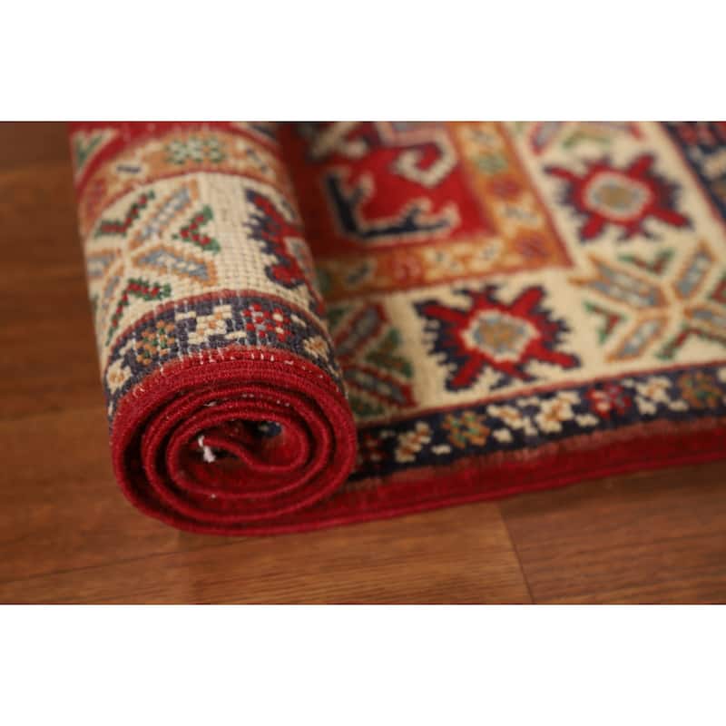 Red Geometric Kazak Accent Rug Handmade Traditional Wool Carpet - 2'0" x 3'0"