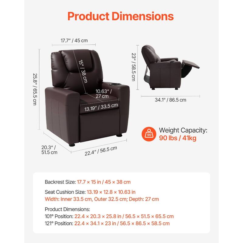 Kids Recliner Chair with Adjustable Backrest, Cup Holders and Leather Surface - 22.4 x 20.3 x 25.8 in