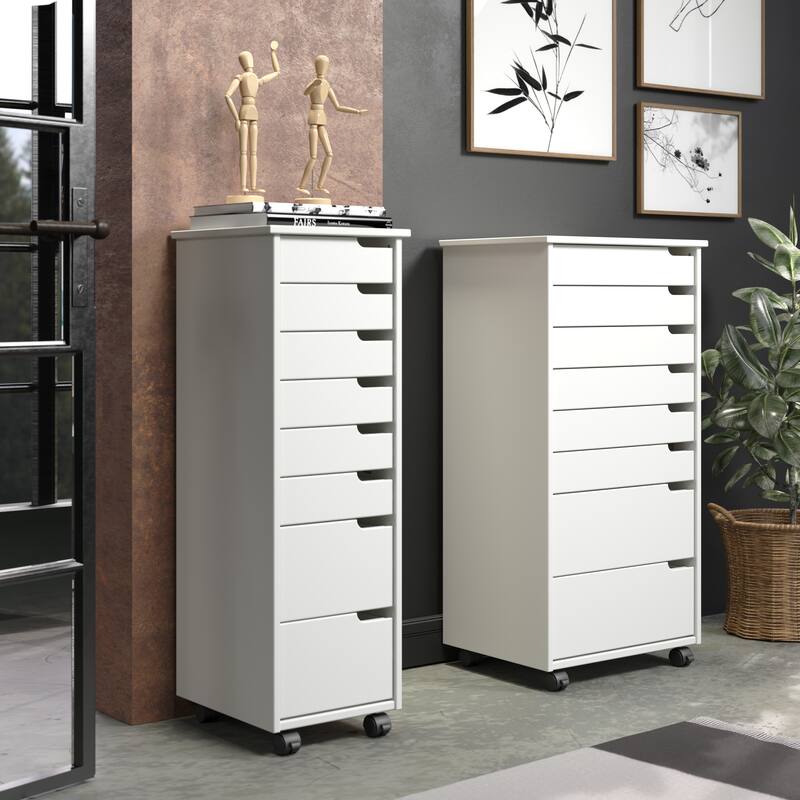 Adeptus Original Euro Roll Cart, Solid Wood, 6+2 Drawer Narrow Drawers Roll Carts, White