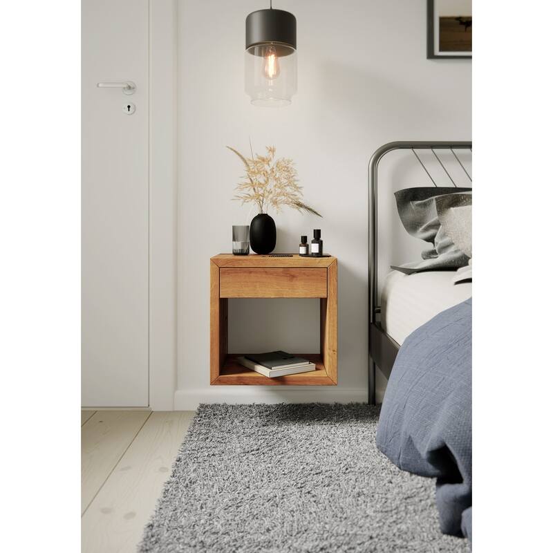 Scandinavian Floating Nightstand with Drawer, Solid Oak - Bedroom Side Table - Finished