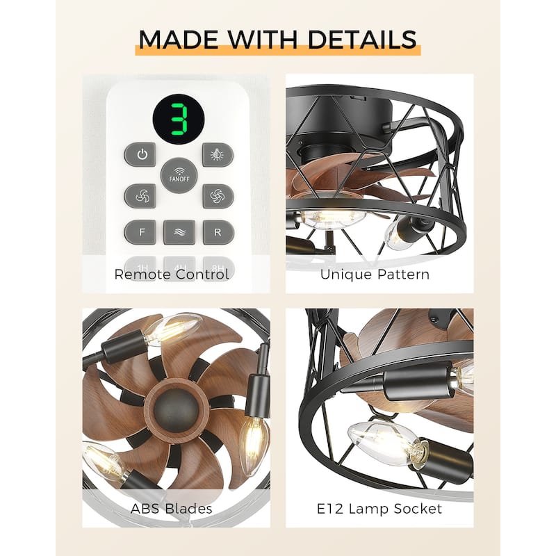 12 Inch Farmhouse Caged Ceiling Fan with Remote Control - 12 Inches