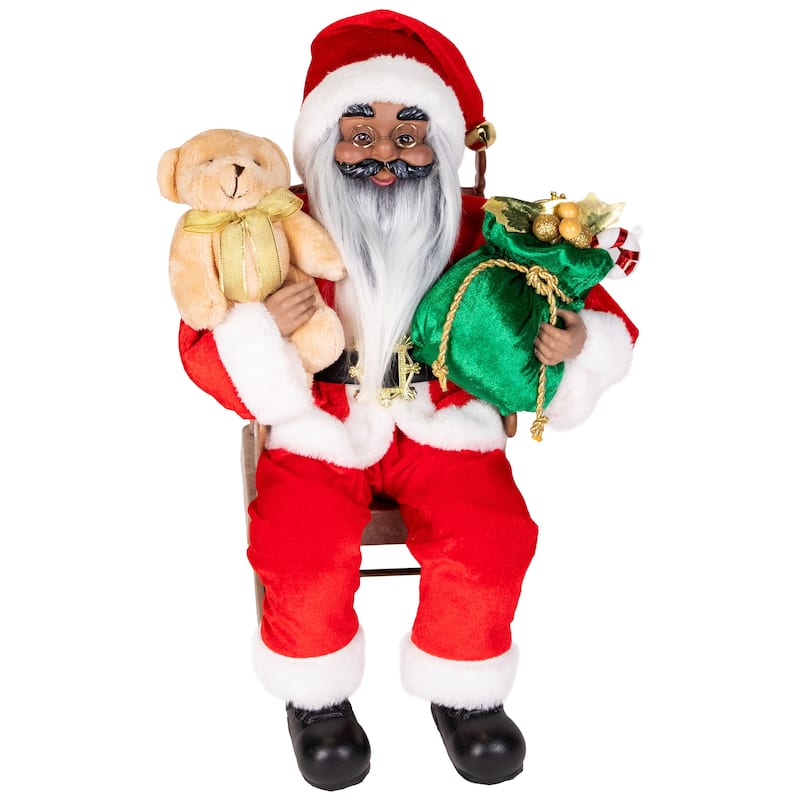 Animated and Musical African American Santa Rocking Chair Christmas Decoration - 14"