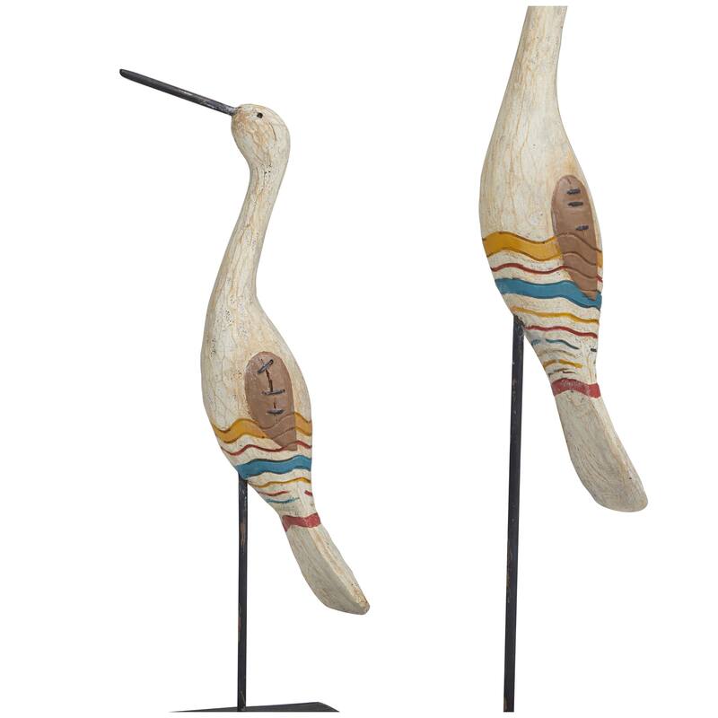 Cream Polystone Handmade Distressed Carved Bird Decorative Sculpture with Colorful Patterns and Black Stand (Set of 2)