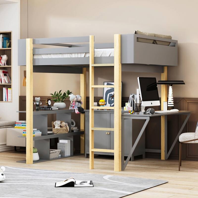 Wood Loft Bed With Built-in Storage Cabinet, Cubes, and Foldable Desk