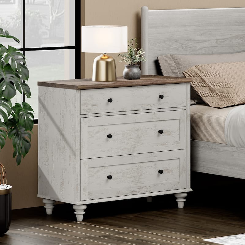 Farmhouse Nightstand with 3 Drawers, 34 inch