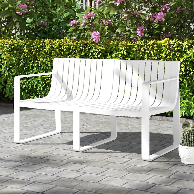 Modern Outdoor Garden Bench for 2 Comfortable Back Support Armrests and Waterproof - 48” x 24.5” x 27.5” - White