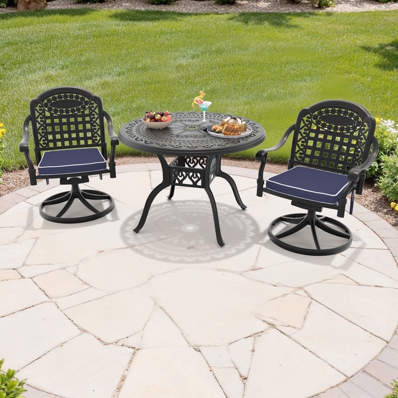3-Piece Aluminum Round Outdoor Patio Dining Set, 2 Cushioned Swivel Chairs, Table, All-Weather Frames