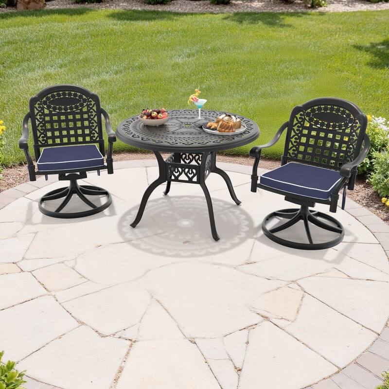 3-Piece Aluminum Round Outdoor Patio Dining Set, 2 Cushioned Swivel Chairs, Table, All-Weather Frames - Black