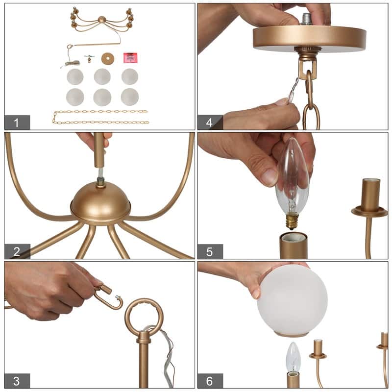Modern Gold 6-Light Chandelier Wheel Globe Glass Light for Dining Room