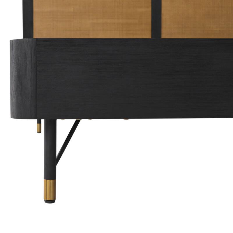 Theo 3pc Queen Bedroom Set w Rattan Headboard, 1 Nightstands, Black Acacia Wood