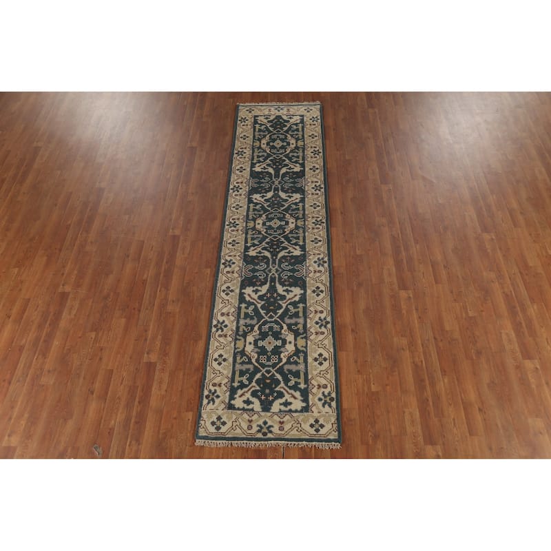 Teal Oushak Indian Runner Rug Hand-Knotted Wool Carpet - 2'7"x 9'11"