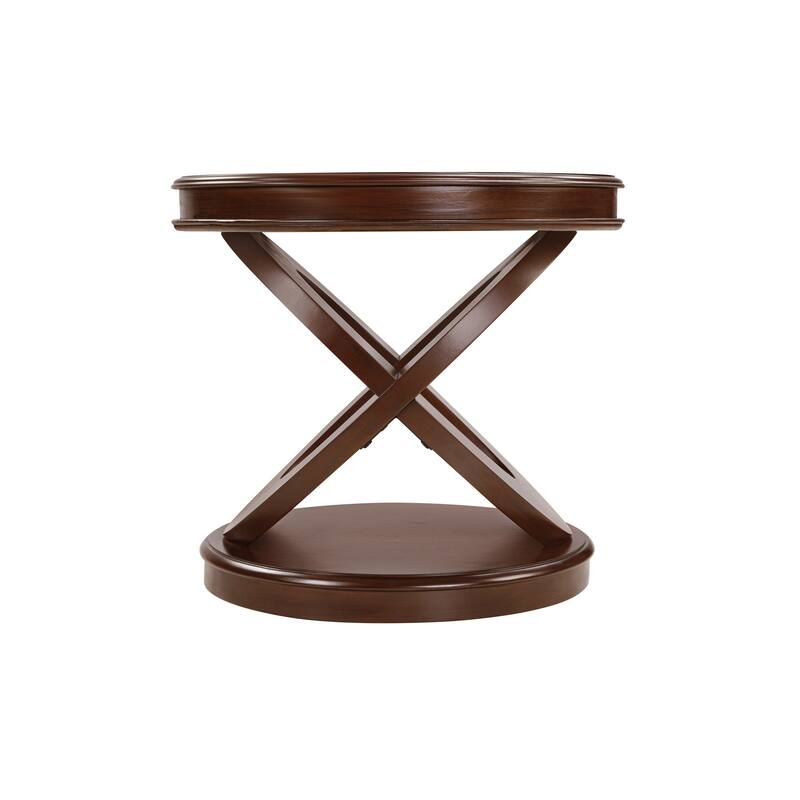 Round End Table with X-Shaped Legs, Wood Sofa Side Table with Open Storage, Center Table with Rounded Corners