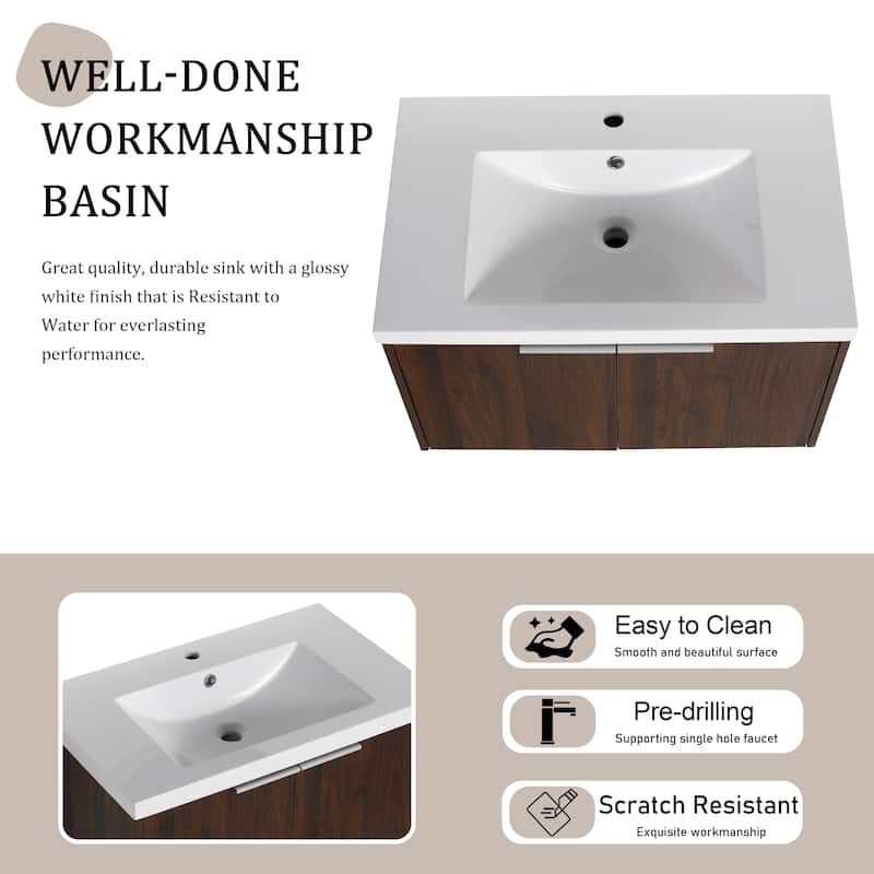 BNK 24"/30"/36" Single Sink Bathroom Vanity with Soft Close Door, Modern Floating Vanity