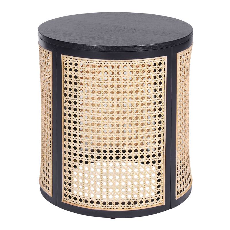 Rattan Tea Desk Round End Table Hollow Woven Side Table Chic Accent Table with Round Wood Tabletop and Flip Top Storage