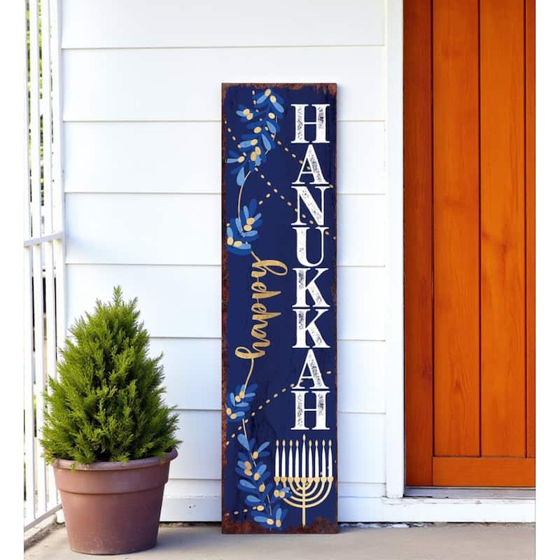 HomeRoots 36" Blue White And Gold Hanukkah Tree Solid Wood Porch Sign - Gold/White/Blue - Wood