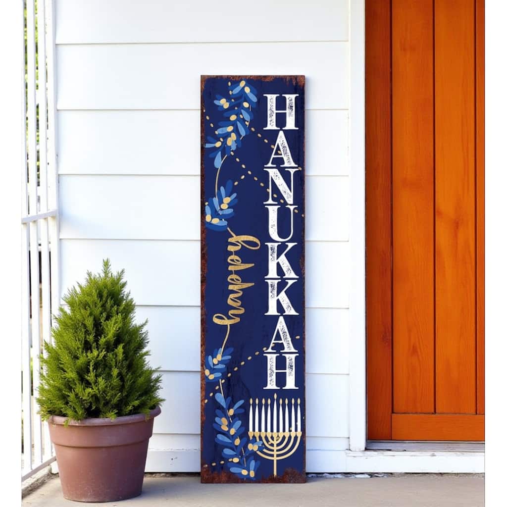 HomeRoots 36" Blue White And Gold Hanukkah Tree Solid Wood Porch Sign