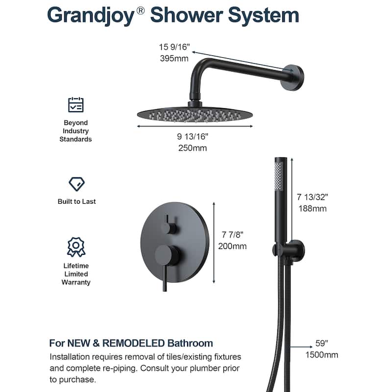 GRANDJOY Wall Mounted Shower System 10" Rainfall Shower Head with Handheld Spray