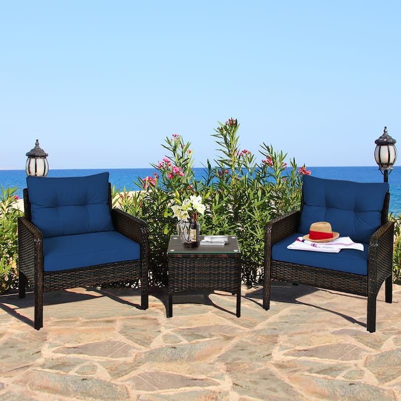 Gymax 3PCS Rattan Patio Conversation Furniture Set Yard Outdoor w/ - Navy