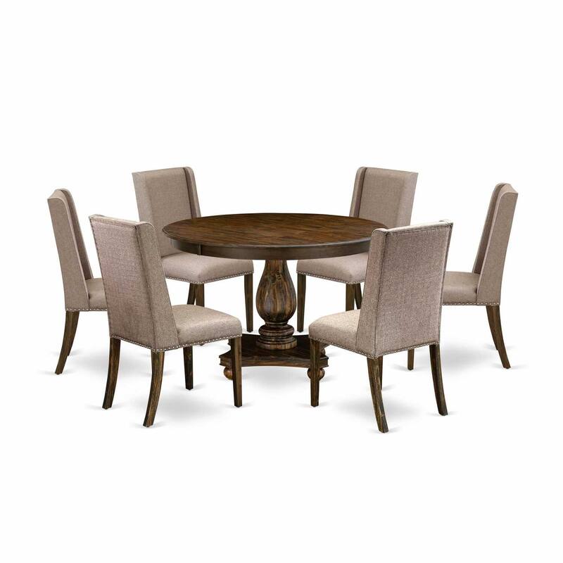 HomeStock 7-Piece Distressed Jacobean Finish Solid Wood Top Dining Table with 6 Parson Chairs