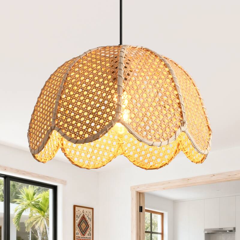 1-Light Farmhouse Flower Shaped Brown Hand-Woven Natural Rattan Hanging Pendant Light - 15.7" W x 55" H