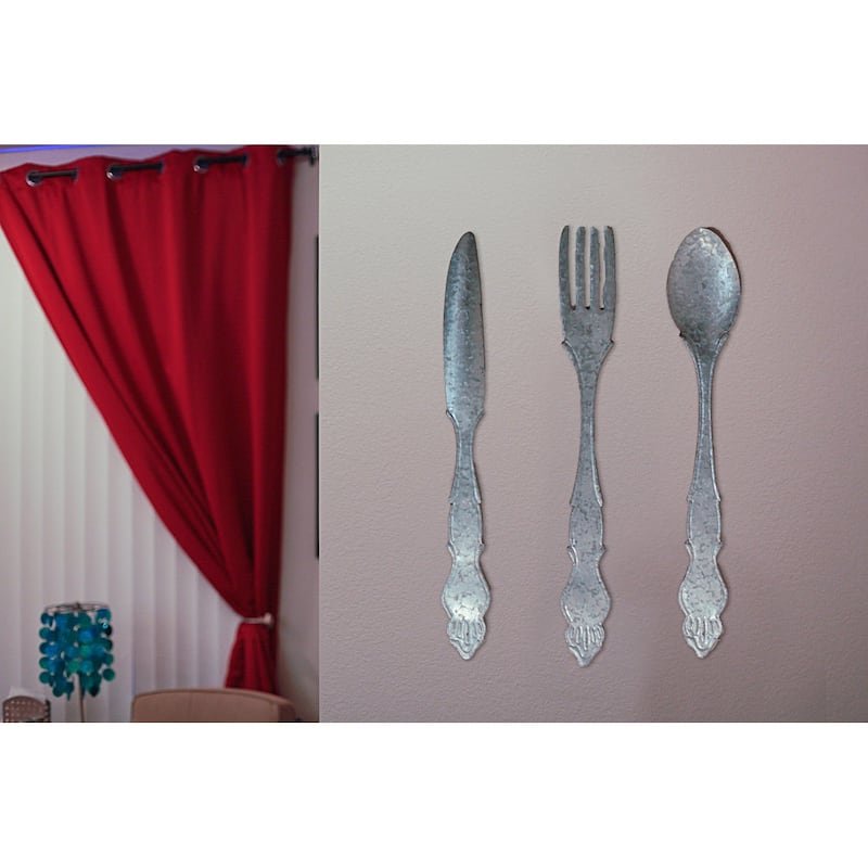 Zeckos 30 Inch Gray Metal Fork Spoon Knife Wall Hanging (Set Of 3)