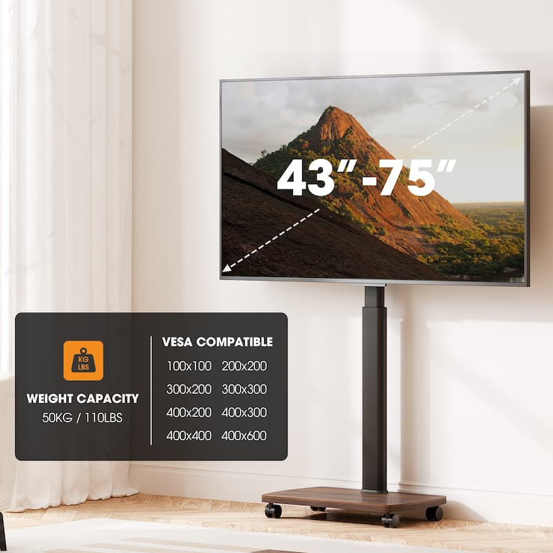 AOKCOS Modern Rolling TV Stand with Wheels for 43 to 75 inch TVs