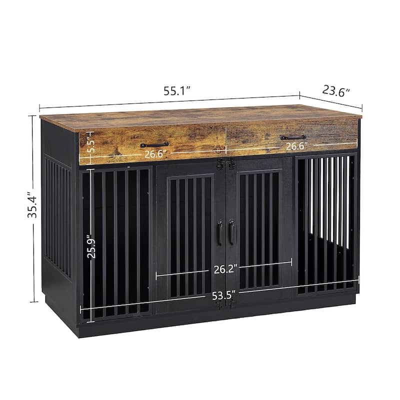 Dog Crate Furniture Kennel, Dog Cage with Double Doors Wooden Pet House with 2 Drawers