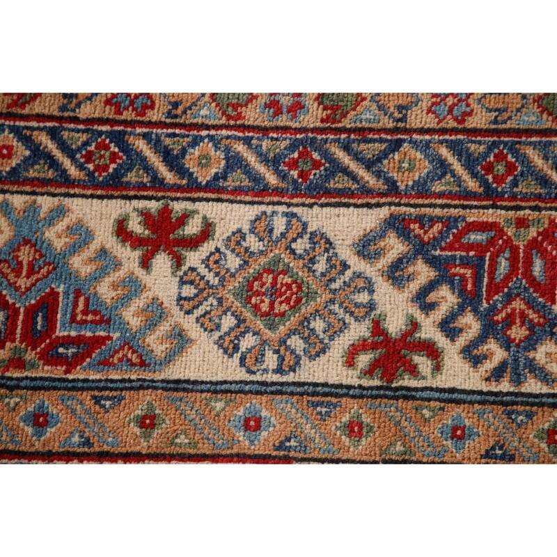 Geometric Red Kazak Area Rug Hand-Knotted Wool Carpet - 6'5" x 9'10"