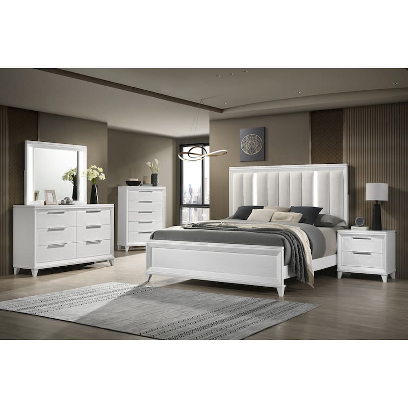 Etti White LED Upholstered Panel Bed - Queen