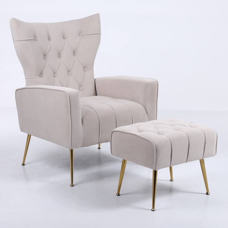 Modern Upholstered Accent Chair with Ottoman and Metal Legs for Living Space - Beige