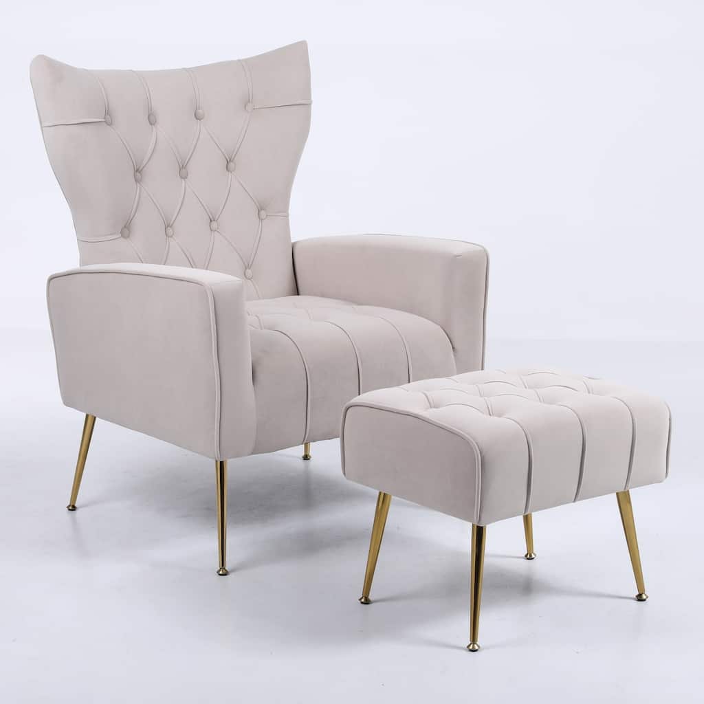 Modern Upholstered Accent Chair with Ottoman and Metal Legs for Living Space