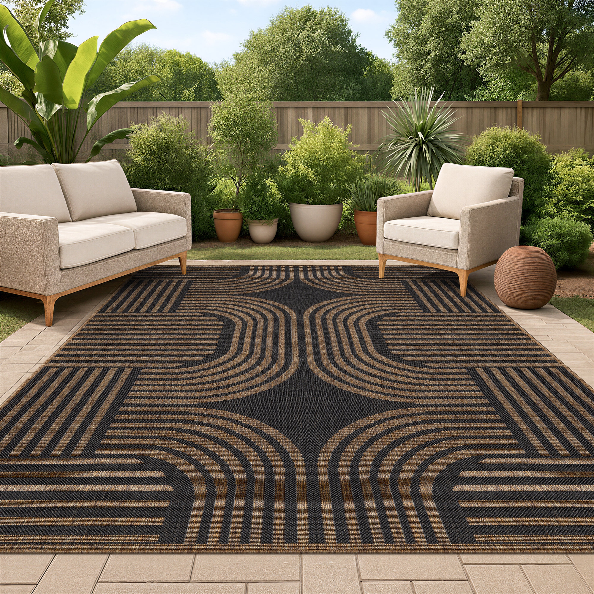 World Rug Gallery Geometric Indoor/Outdoor Flat Woven Area Rug - Natural Jute-Style, Easy-Care Patio Rug for Balcony Patio Deck