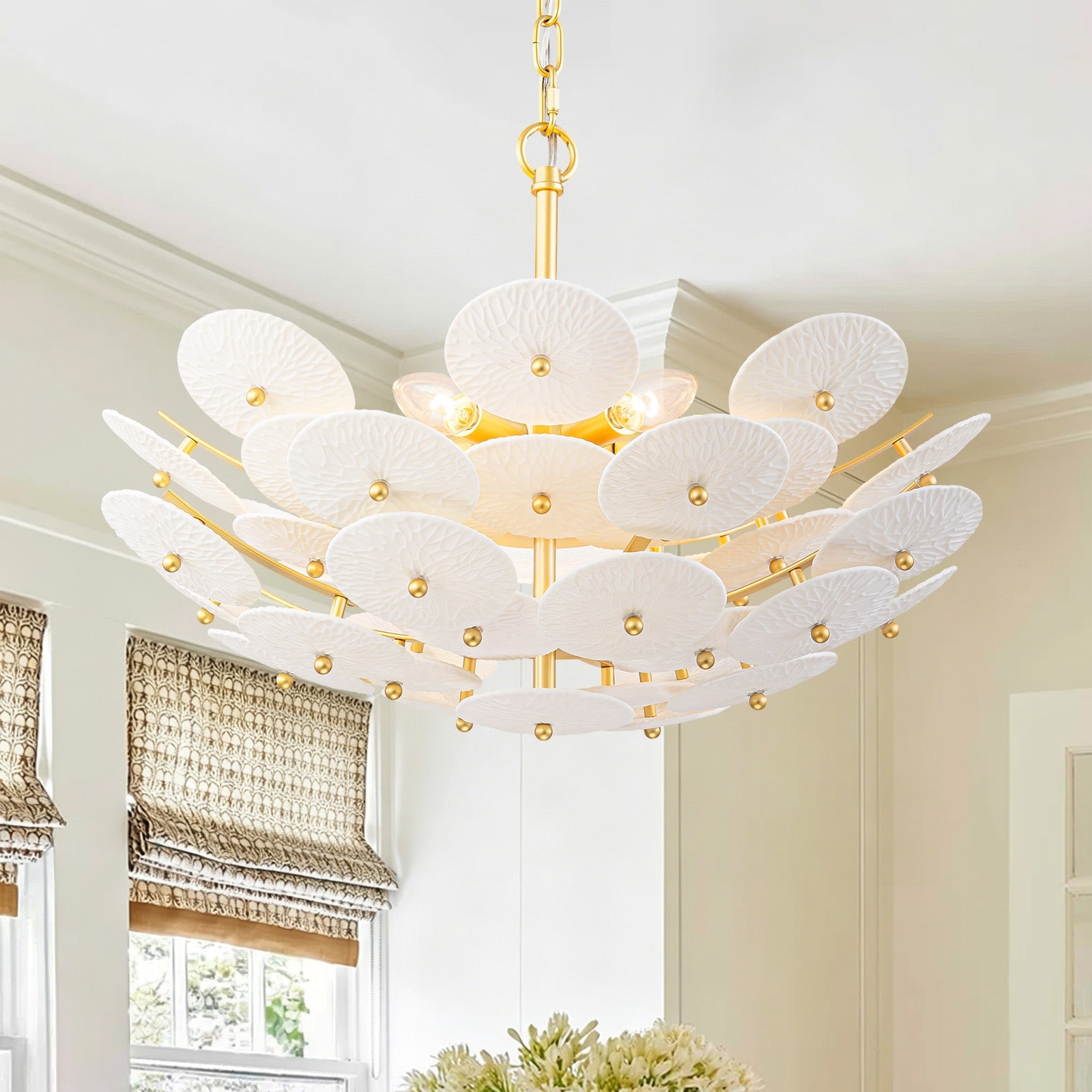 6-Light. Transitional Gold White Ceramic Lotus Chandelier for Dining Room Bedroom - 19.7 in. Dia x 7.9 in. H