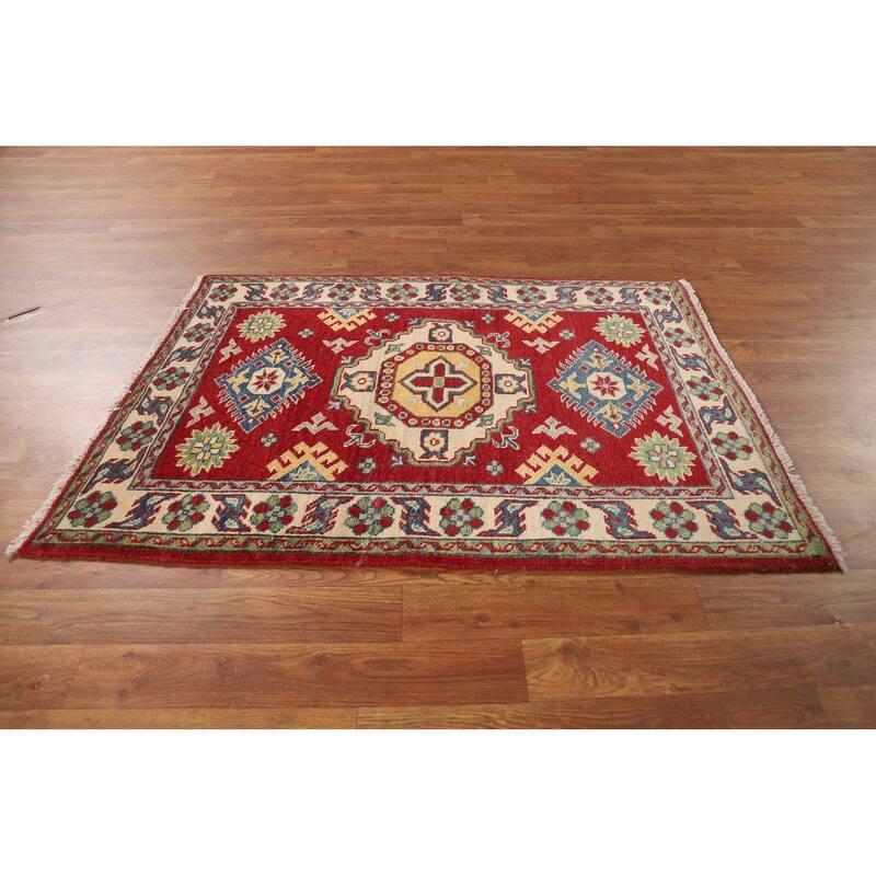 Red Geometric Kazak Foyer Rug Handmade Wool Carpet - 2'9"x 3'9"
