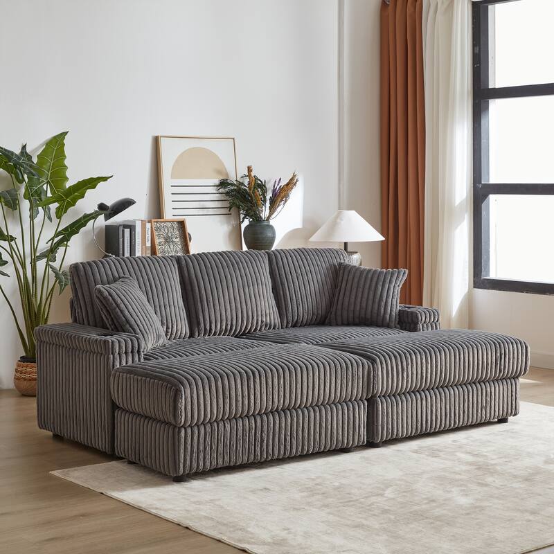 Roomfitters 84" Corduroy 3-Seater Sofa, Deep Seat Couch with 2 Ottomans, Storage, Cup Holders, 3 Back and 2 Toss Pillows - Grey