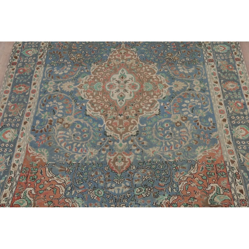 Blue Floral Tabriz Persian Vintage Area Rug Handmade Wool Carpet - 6'7"x 9'11"