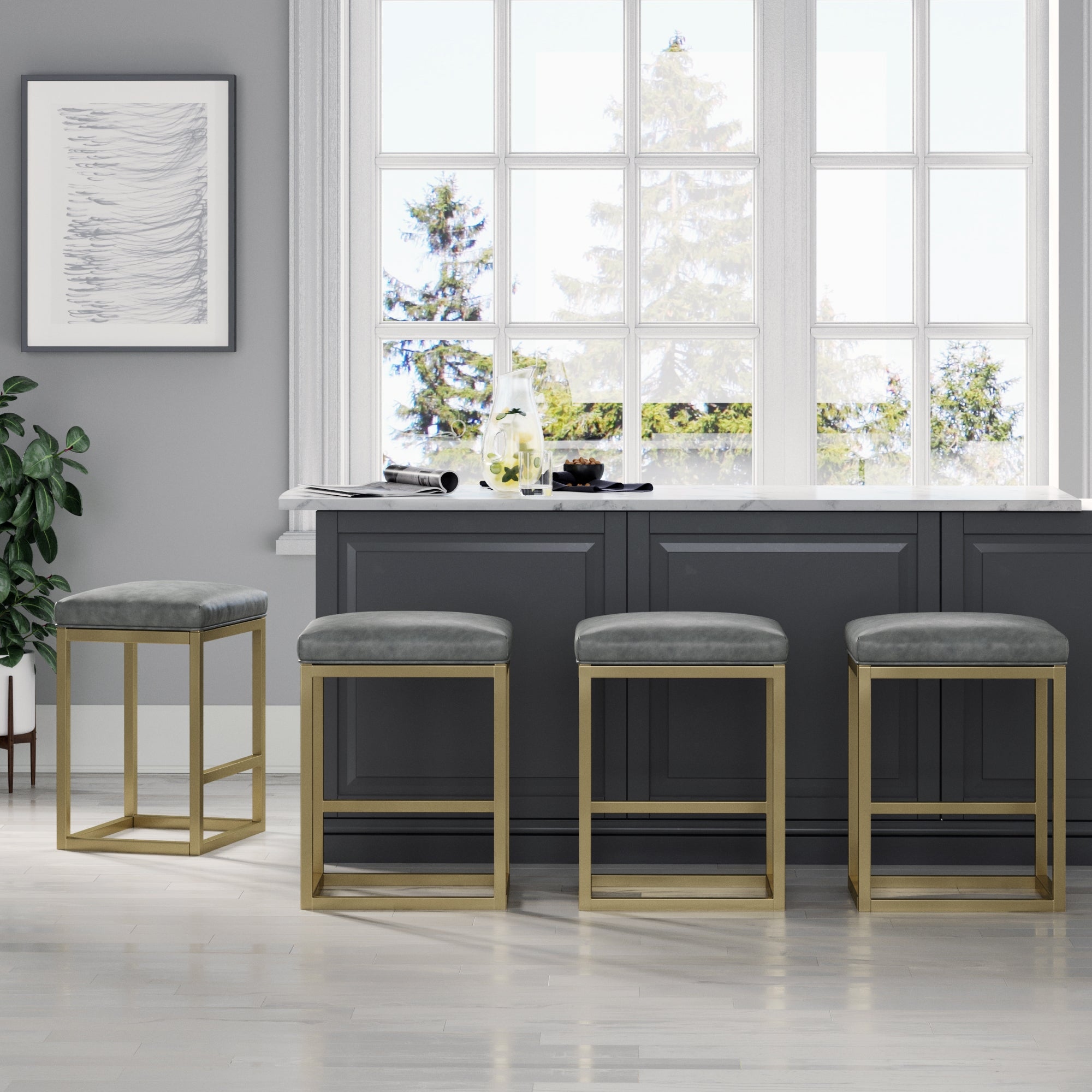 Nathan James Nelson Bar Stool with Leather Cushion and Metal Base