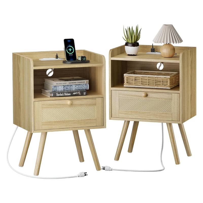 Bedside Table Set of 2 with PE Rattan Drawers - Natural