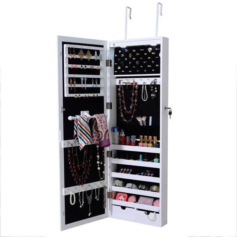 Lockable Wall Mount Mirrored Jewelry Cabinet with LED Lights - White - 14.6" x 3.8" x 43.3" (L x W x H)