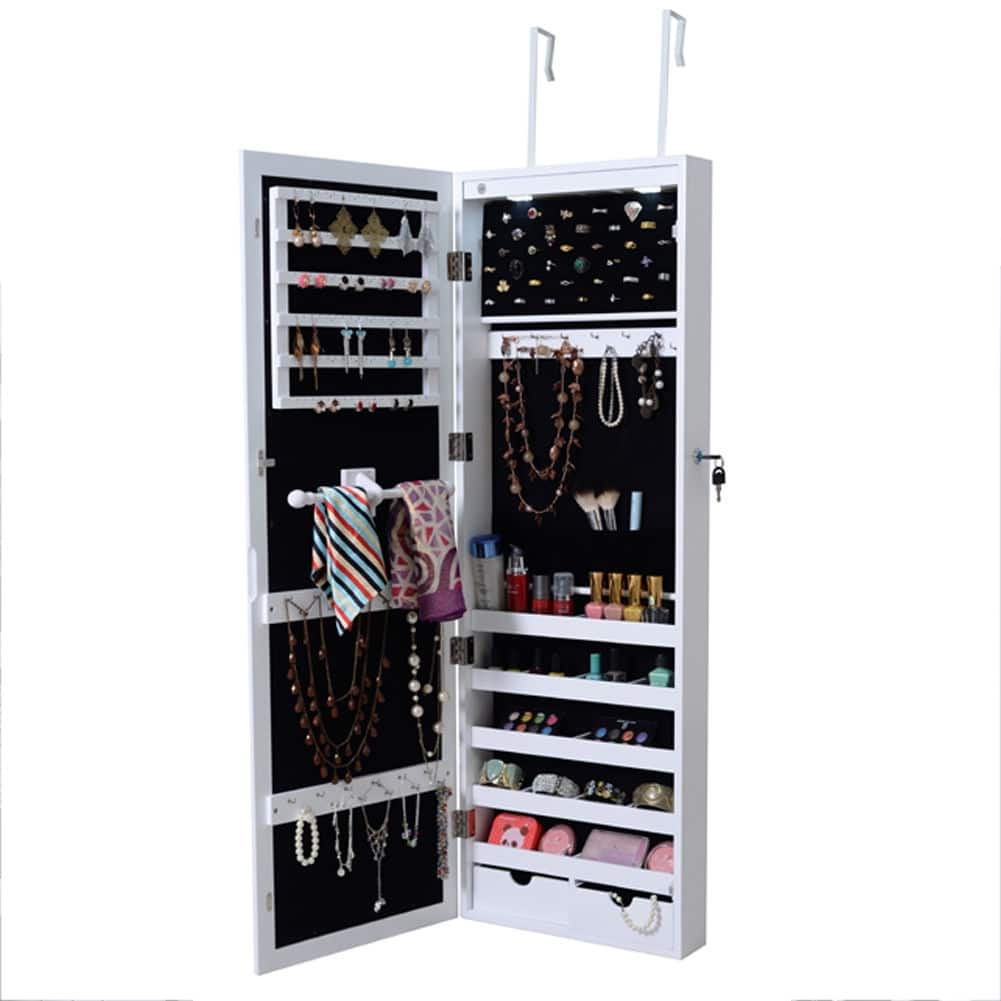 Lockable Wall Mount Mirrored Jewelry Cabinet with LED Lights - White - 14.6" x 3.8" x 43.3" (L x W x H)