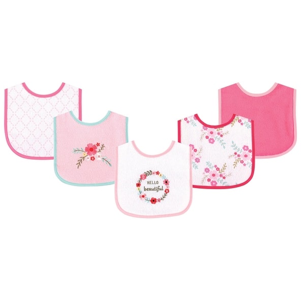 slide 1 of 1, Luvable Friends Baby Girl Cotton Terry Drooler Bibs with PEVA Back 5pk, Floral, One Size - Floral - One Size One Size - Floral