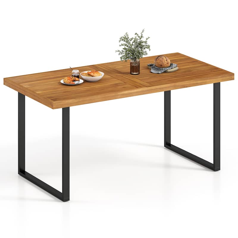 63" Outdoor Solid Acacia Wood Dining Table with Metal Frame and Umbrella Hole for 6 Seating - 63" x 32" x 30"