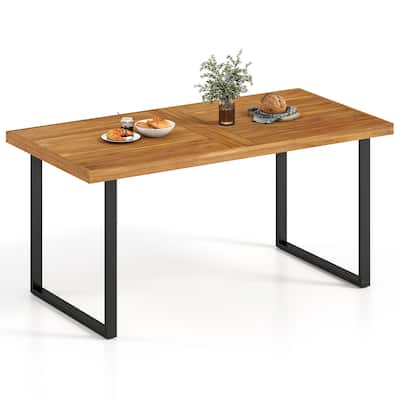 63" Outdoor Solid Acacia Wood Dining Table with Metal Frame and Umbrella Hole for 6 Seating - 63" x 32" x 30"