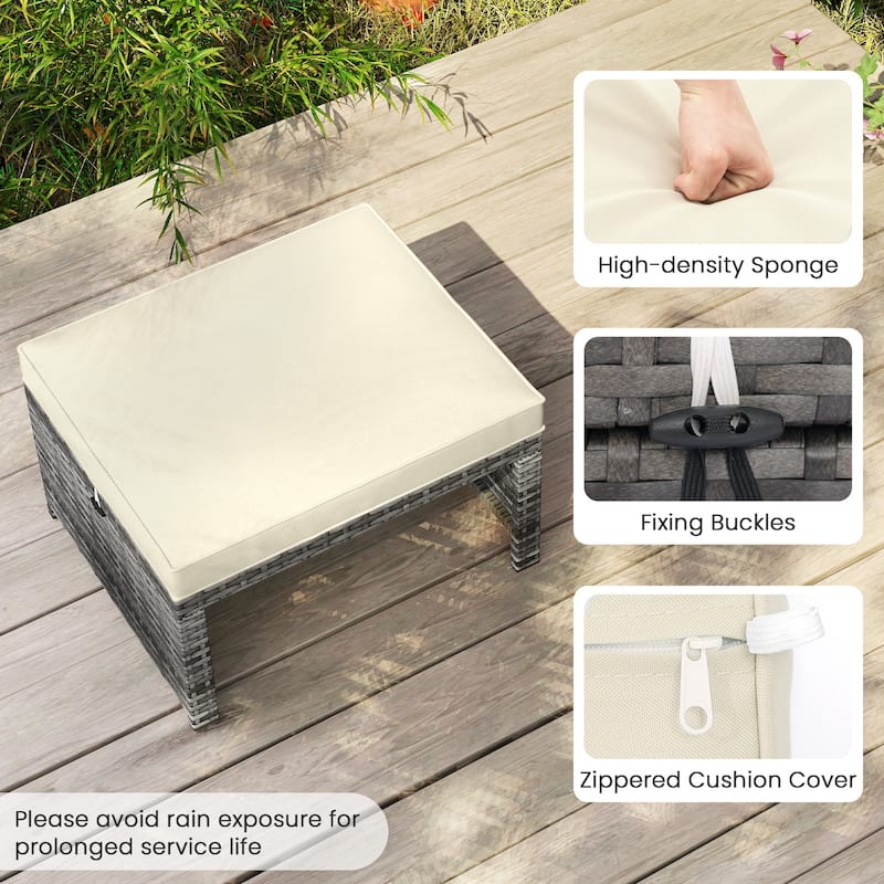 PE Rattan Outdoor Ottomans with Cushions, Footrest Seats or Tables - 16" L x 19" W x 9.5" H