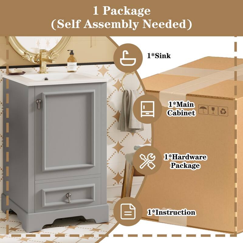 20" Bathroom Vanity with Ceramic Sink, Soft-Close Door, Drawer, Adjustable U-Shaped Shelf, Modern Freestanding Design