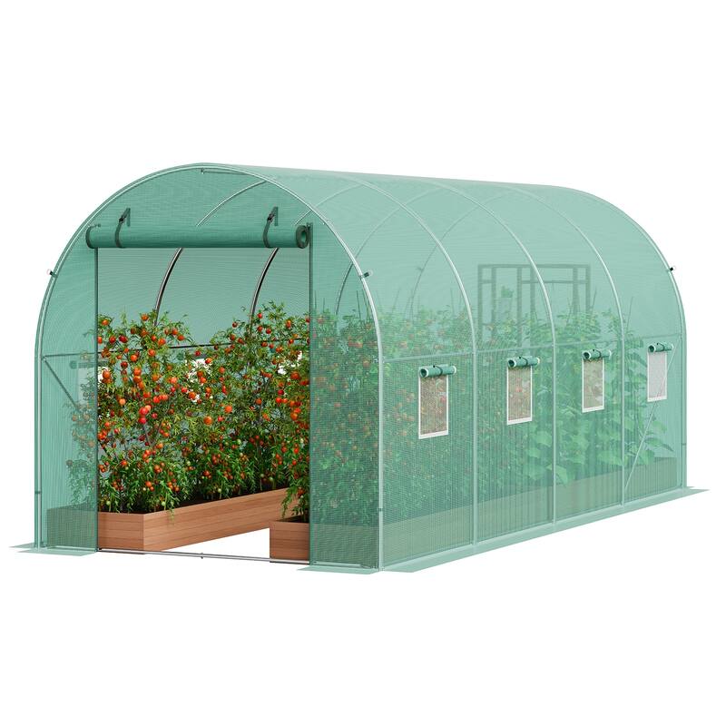 Walk-in Tunnel Greenhouse, Hoop House Greenhouse Tunnel, Plant Hot House with Galvanized Steel Frame, Green PE Cover - 14.6x6.4x6.3 ft ,Green