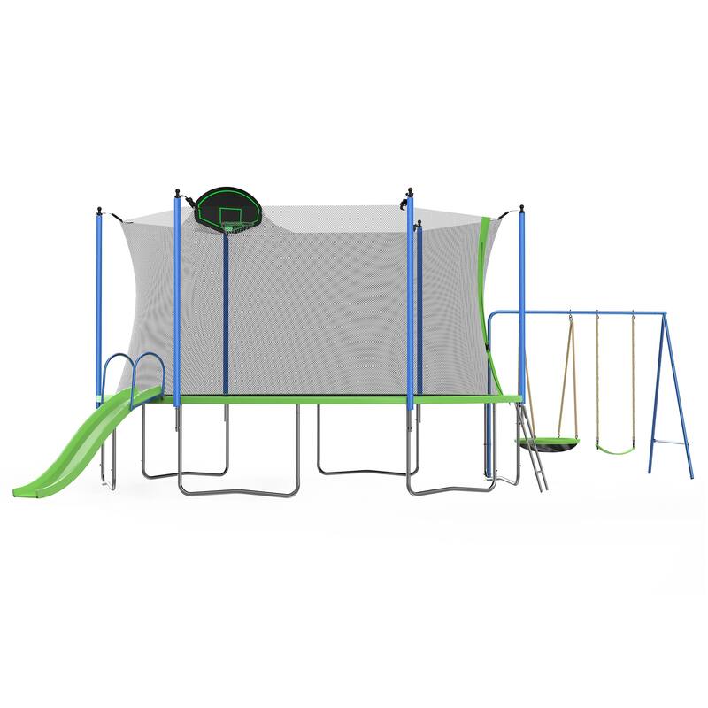 12FT Trampoline with Slide and Swings(Double color cover), Trampoline with Basketball Hoop and Ladder